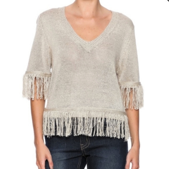 Bishop + Young - Oatmeal V-Neck Fringe Sweater - Size S (NWT) - Picture 2 of 8